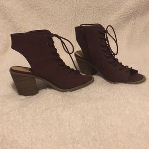 Maroon lace up heel booties